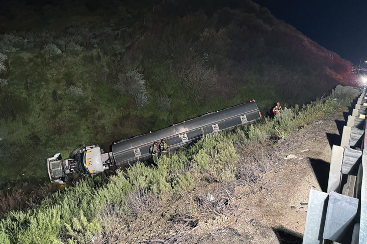 A fuel tanker truck was involved in an accident ending with the tanker careening over the railing on the I15 in the Cajon Pass.